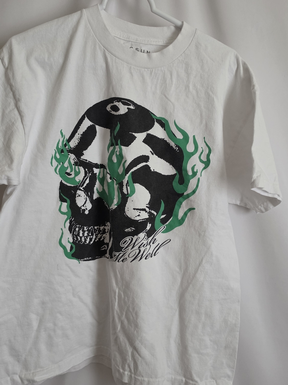 PacSun White Tee with Black Skull and Green Flame Graphic